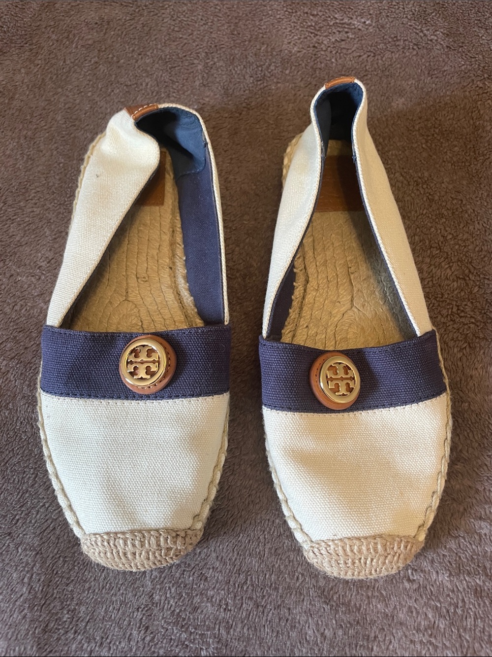 Tory Burch Cream Canvas Espadrille Flats with Navy Band & Gold Logo
